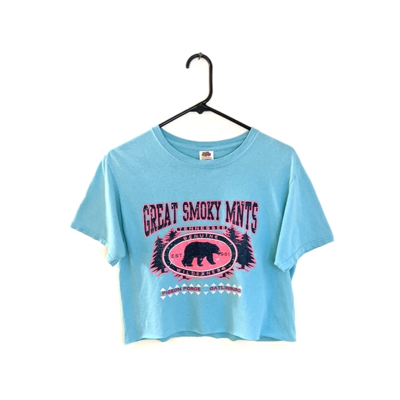 Fruit of the Loom Tops - Blue/Pink Great Smoky Mountains Bear/Trees Cropped Oversized Tee
